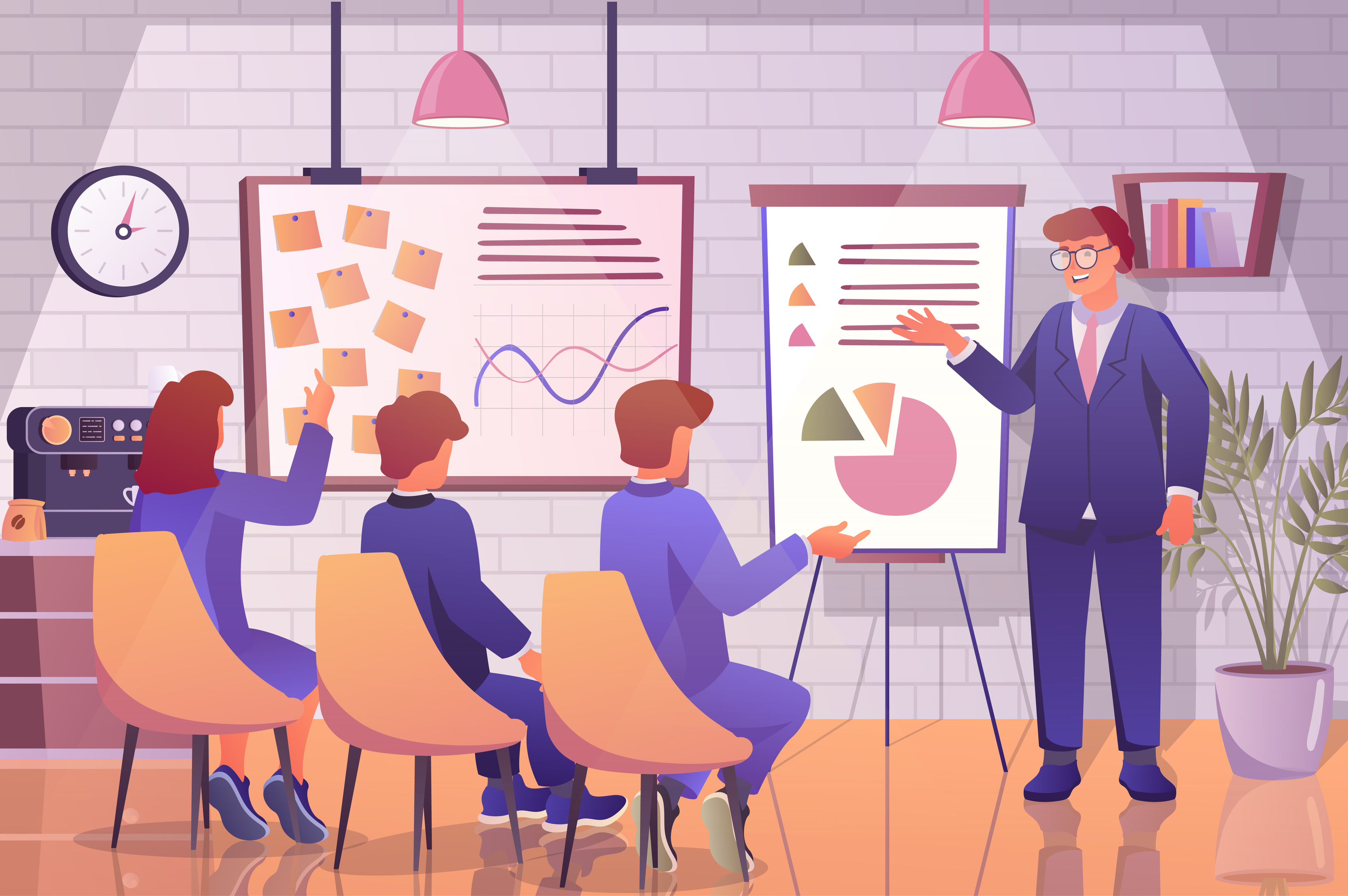 business-training-concept-in-flat-cartoon-design-coach-making-educational-lecture-or-master-class-employees-improve-their-professional-qualities-illustration-with-people-scene-background-vector